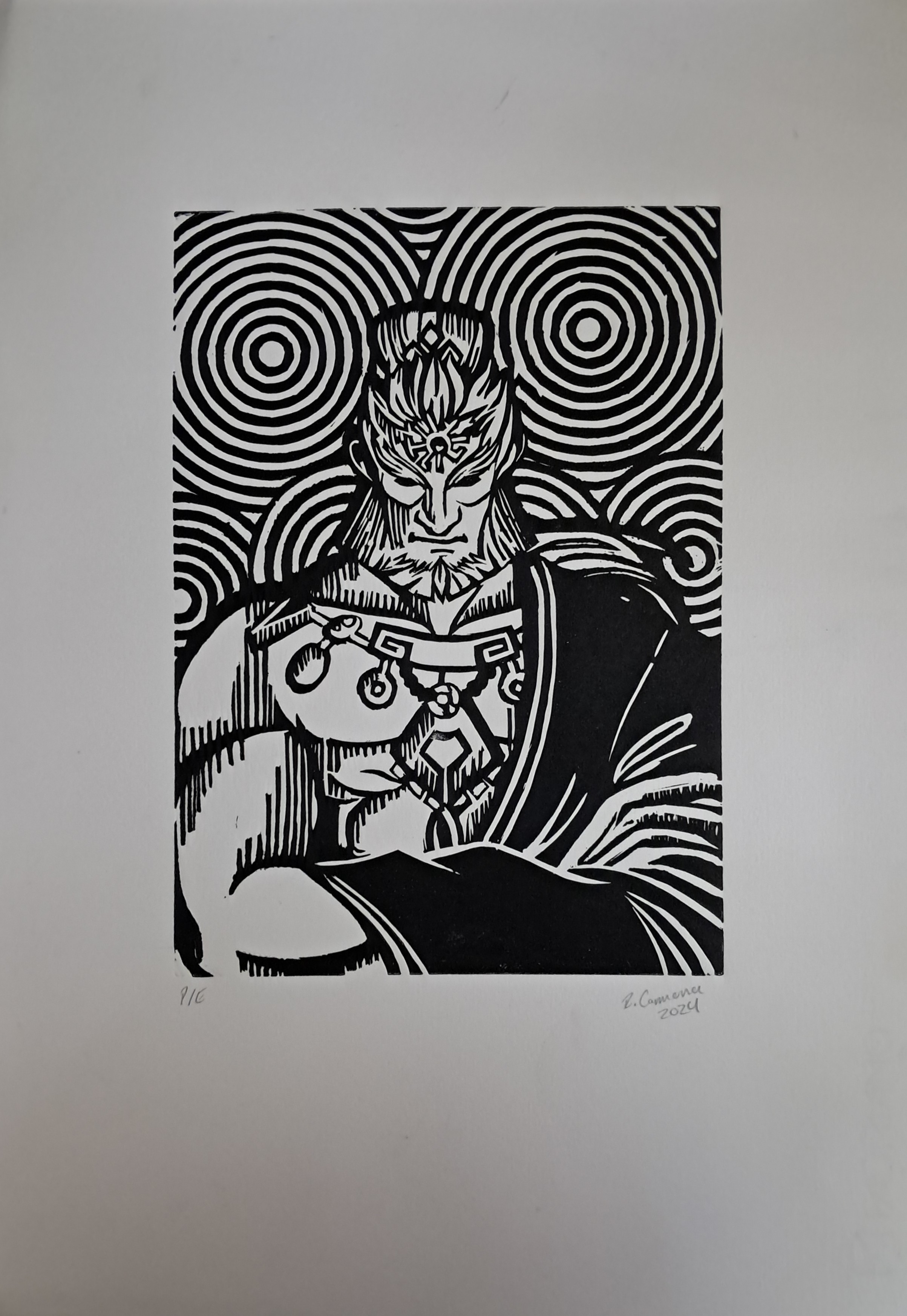 Grabado en relieve sobre linóleo, basado en Ganondorf de la Leyenda de Zelda.
